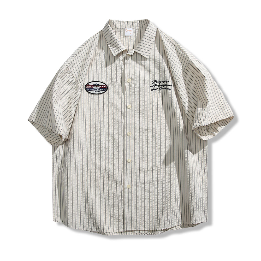 アメリカヴィンテージ　刺繍ワッペン付きシアサッカーストライプ開襟シャツ