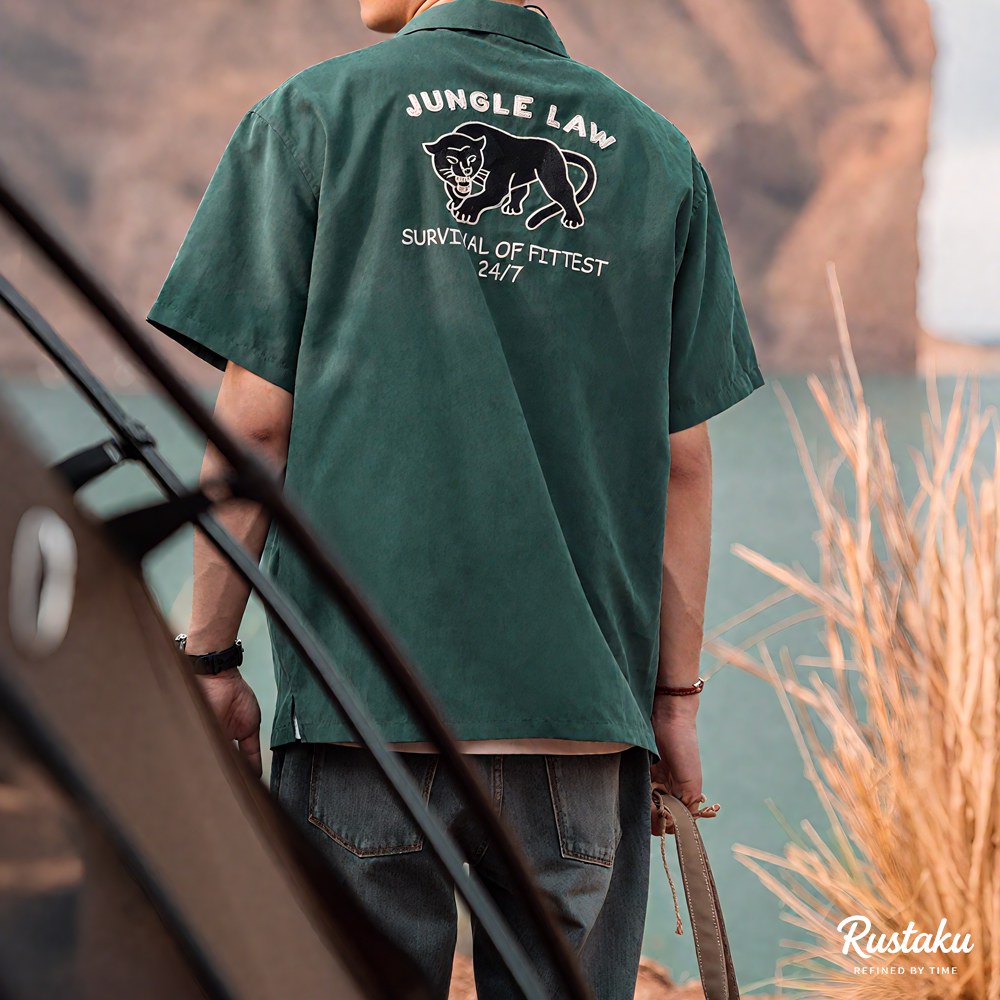 「ジャングルの掟」ブラックパンサー刺繍　ピーチスキン キューバカラーシャツ