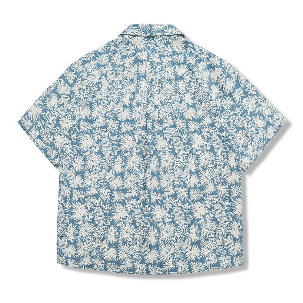 ハンドメイド調植物柄コットンリネンシャツ半袖