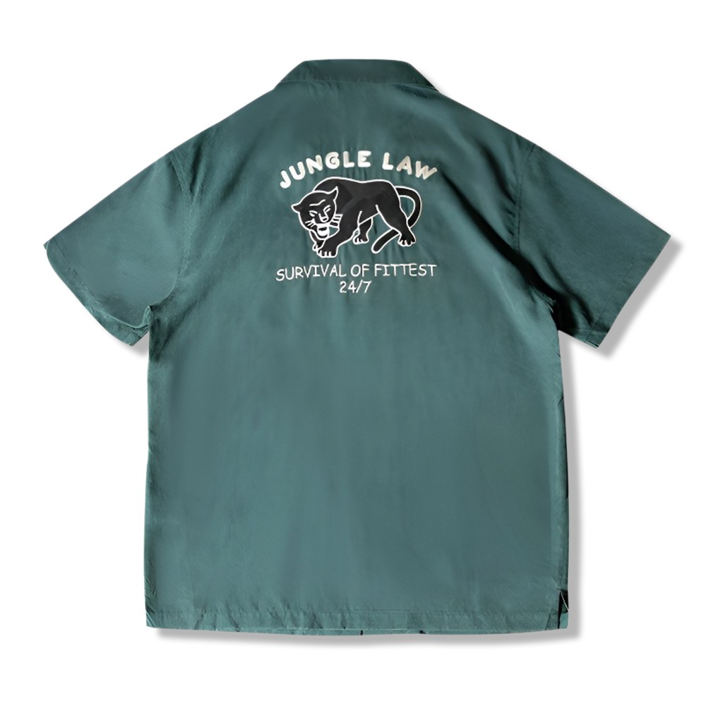 「ジャングルの掟」ブラックパンサー刺繍　ピーチスキン キューバカラーシャツ