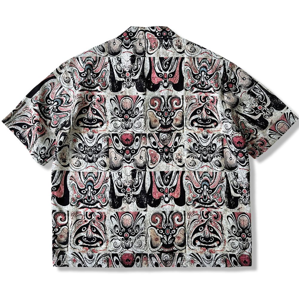 ユニークな臉譜柄開襟アロハシャツ