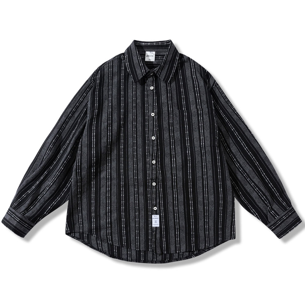 先染め配色ストライプ柄　和風コットンリネン長袖シャツ