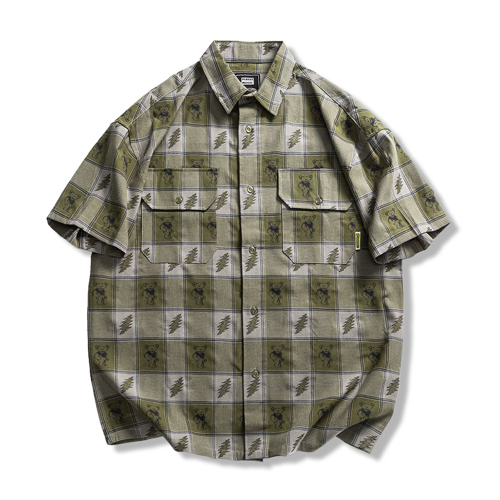 「熊×稲妻」ジャカードチェックシャツ