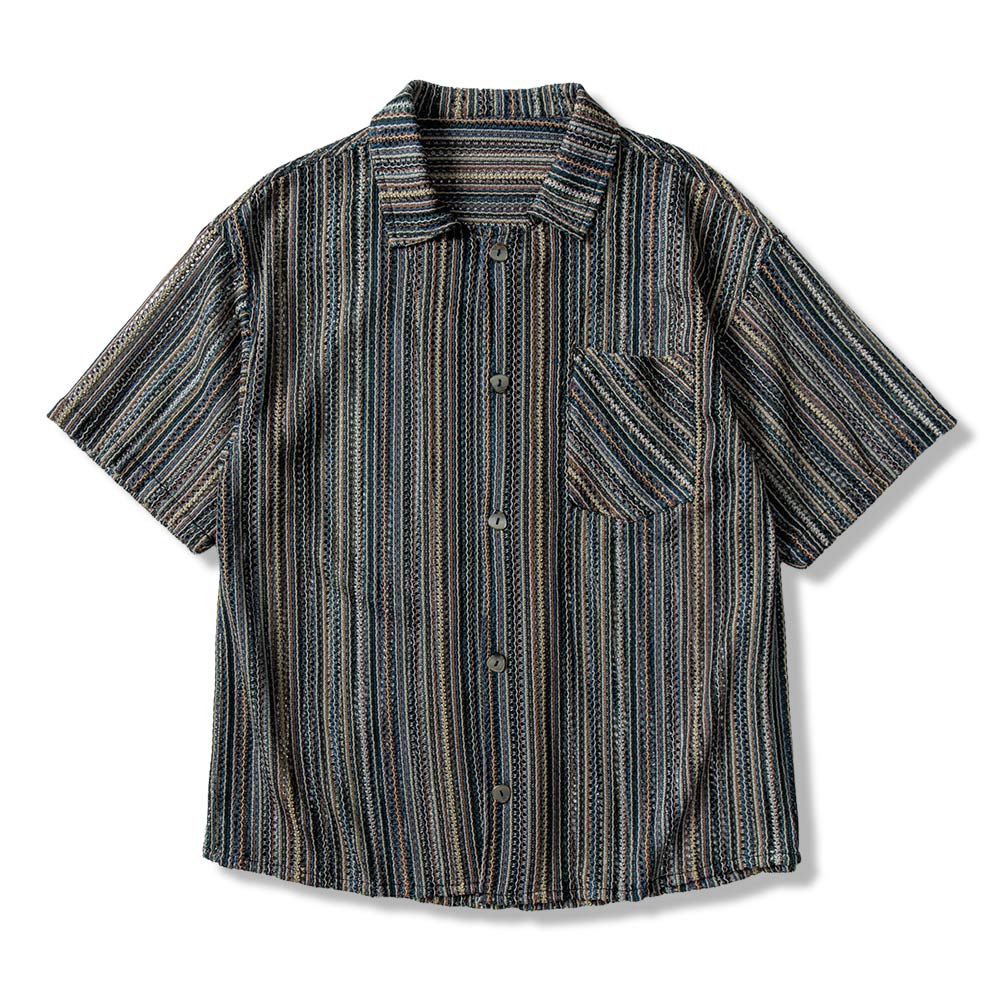 日系レトロ民族風ストライプ透かし柄半袖シャツ