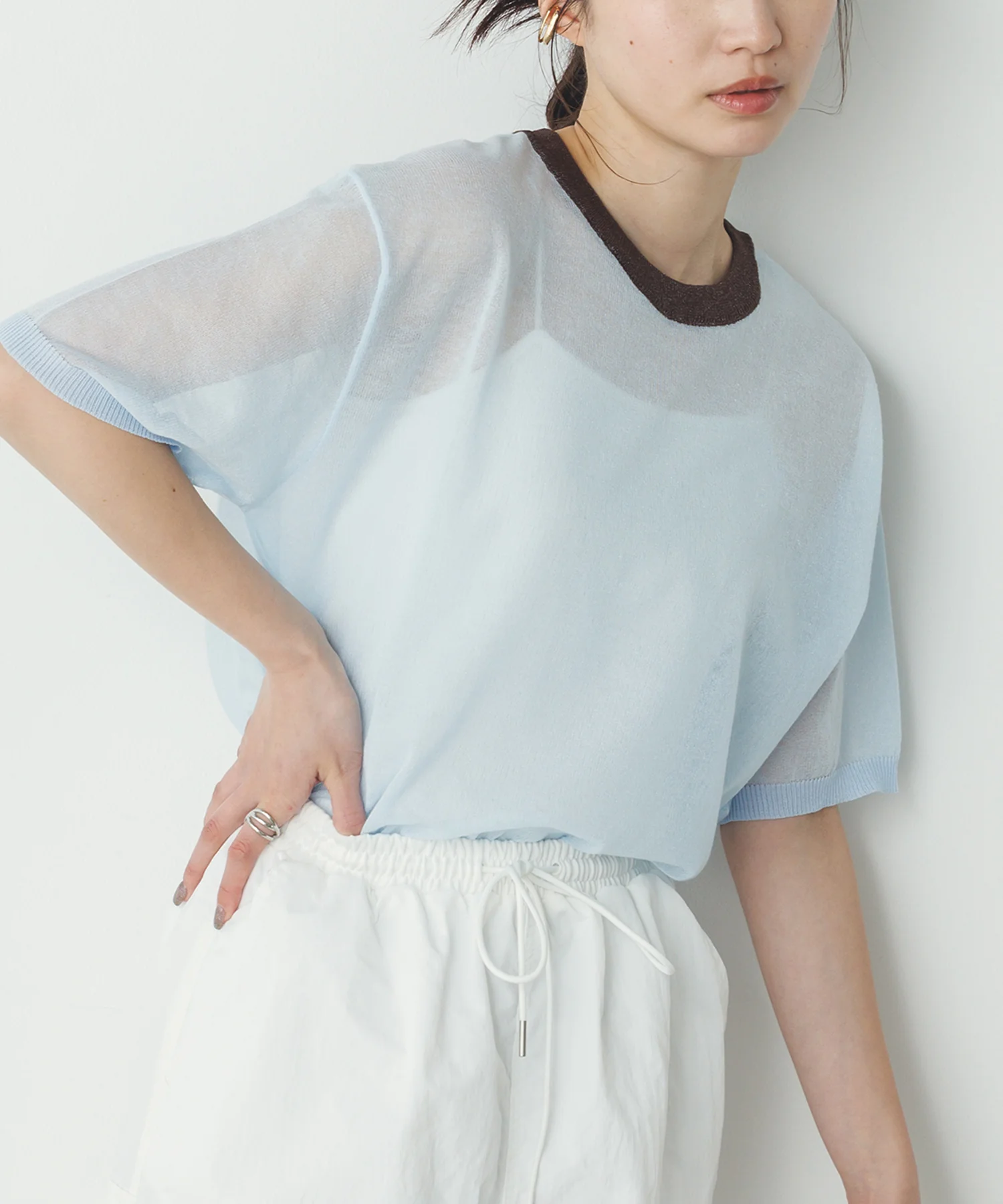 バイカラー シアー半袖ニット