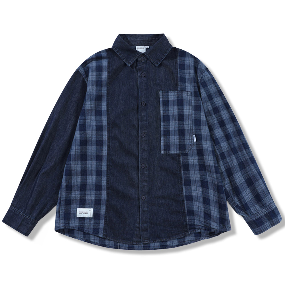 アメカジ　藍染チェック柄パッチワークシャツ