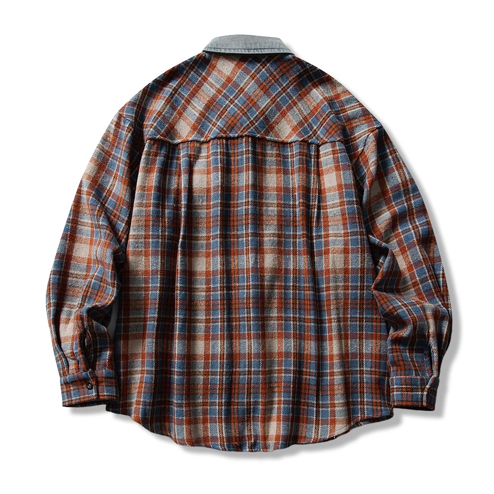 配色チェック切り替えデニム　長袖シャツジャケット