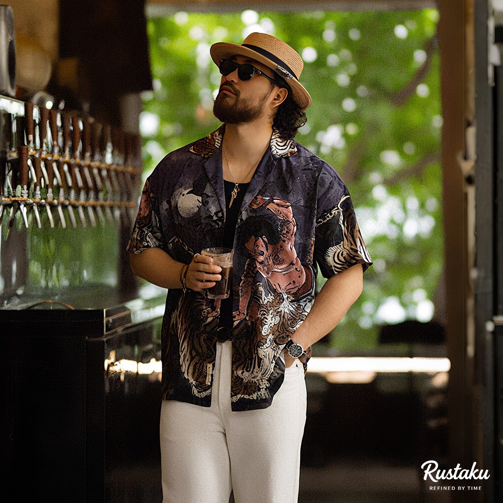 「水滸伝・武松の虎退治」浮世絵タッチ クールタッチキューバカラーシャツ半袖