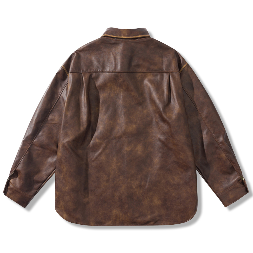 アメカジ　アンティーク風レザー長袖シャツ