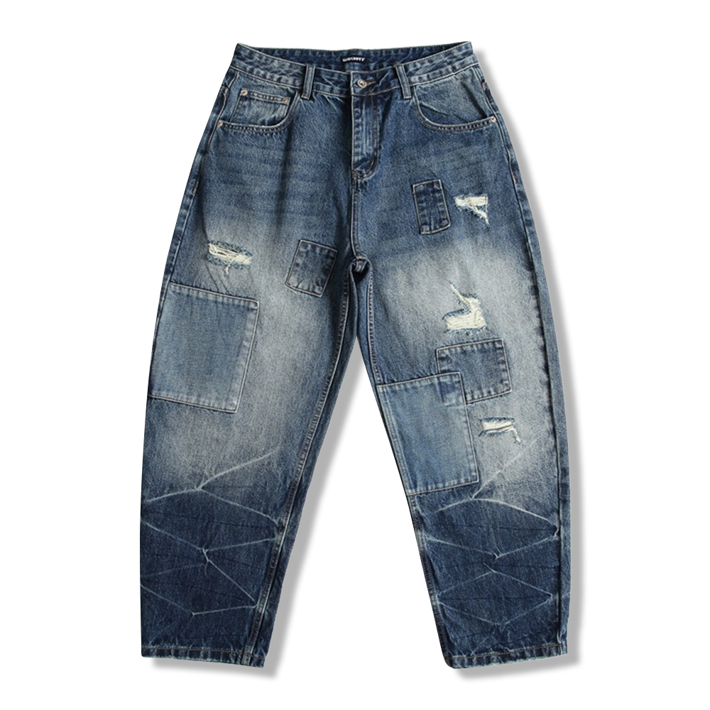 ヘビーウェイト　襤褸風ダメージデニムパンツ